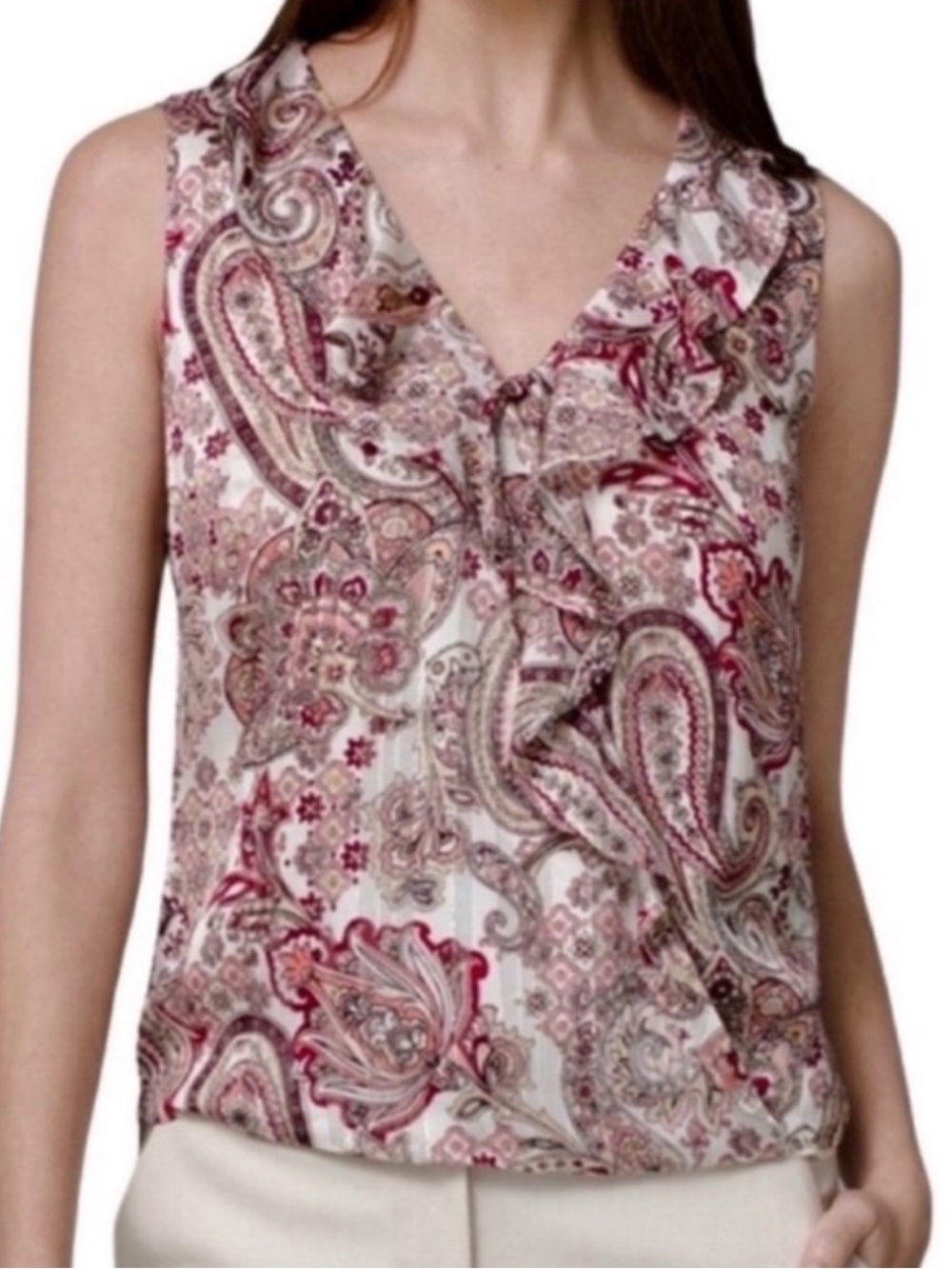 WHBM Sleeveless Blouse Cascade Ruffle V-neck Paisley Antique Pink Red Size 4P